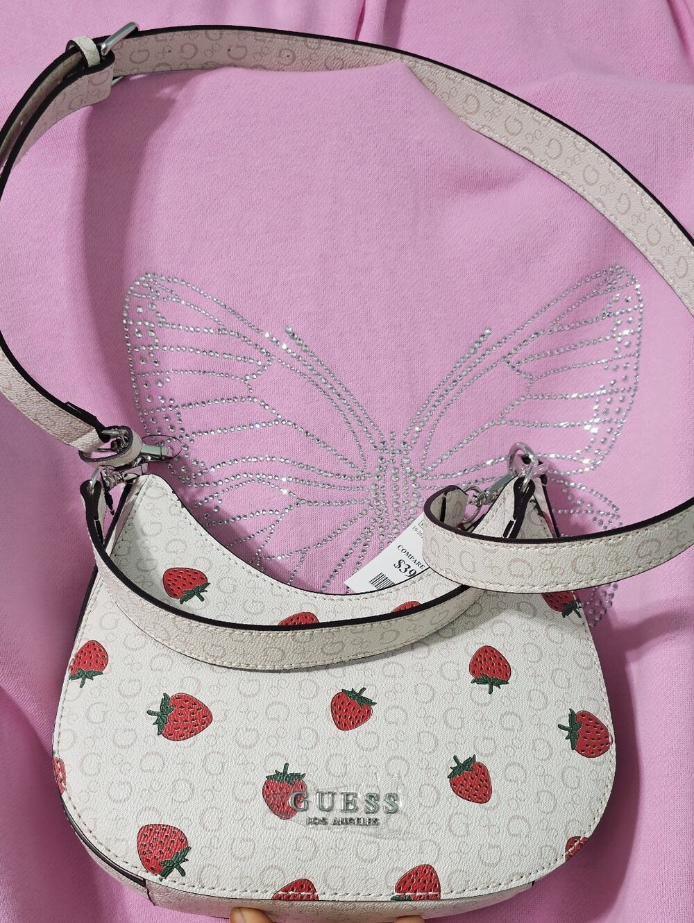 Presenting The GUESS Strawberry Print Pale PinkShoulder/Crossbody Bag